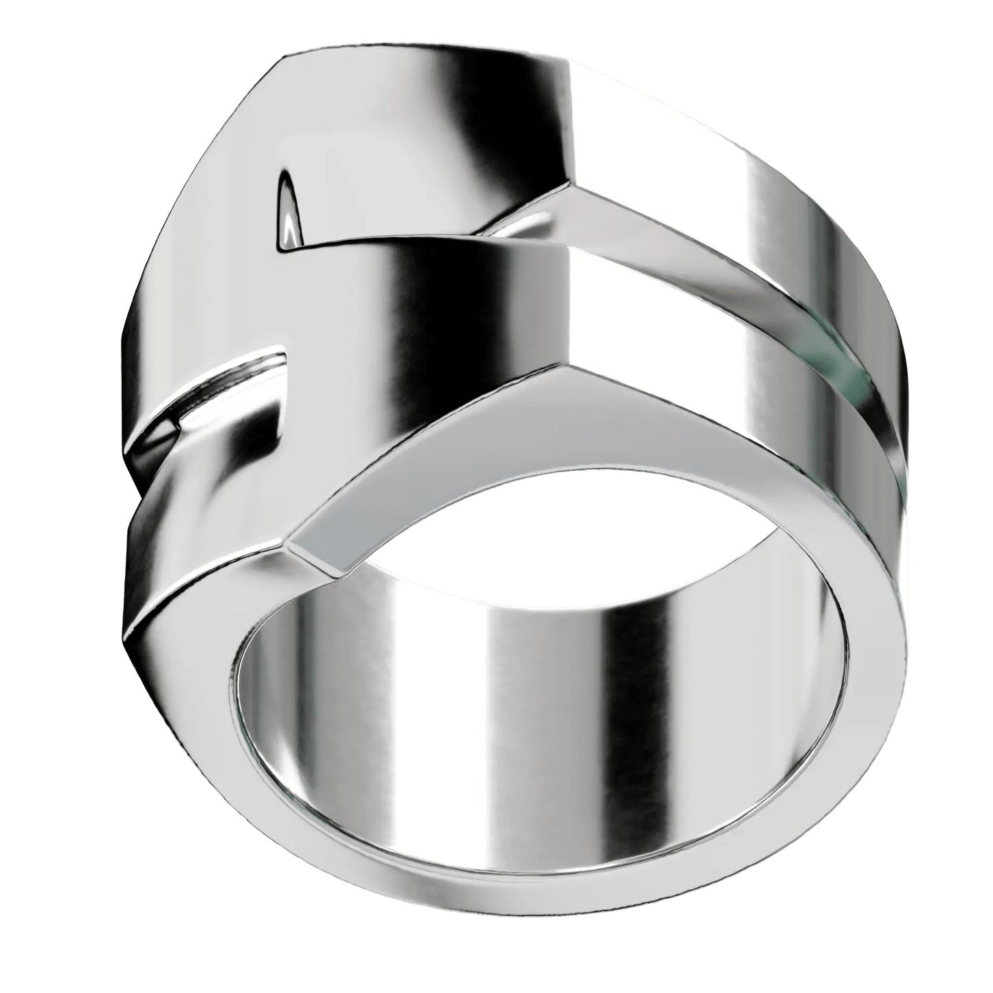 detailansicht eines silberrings mit klaren linien und einer skulpturalen s-form. schlichtes aber selbstsicheres schmuckdesing.
