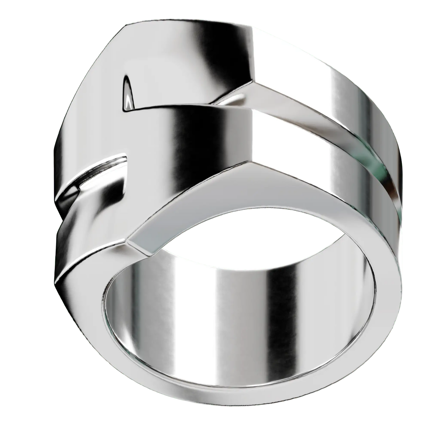 detailansicht eines silberrings mit klaren linien und einer skulpturalen s-form. schlichtes aber selbstsicheres schmuckdesing.