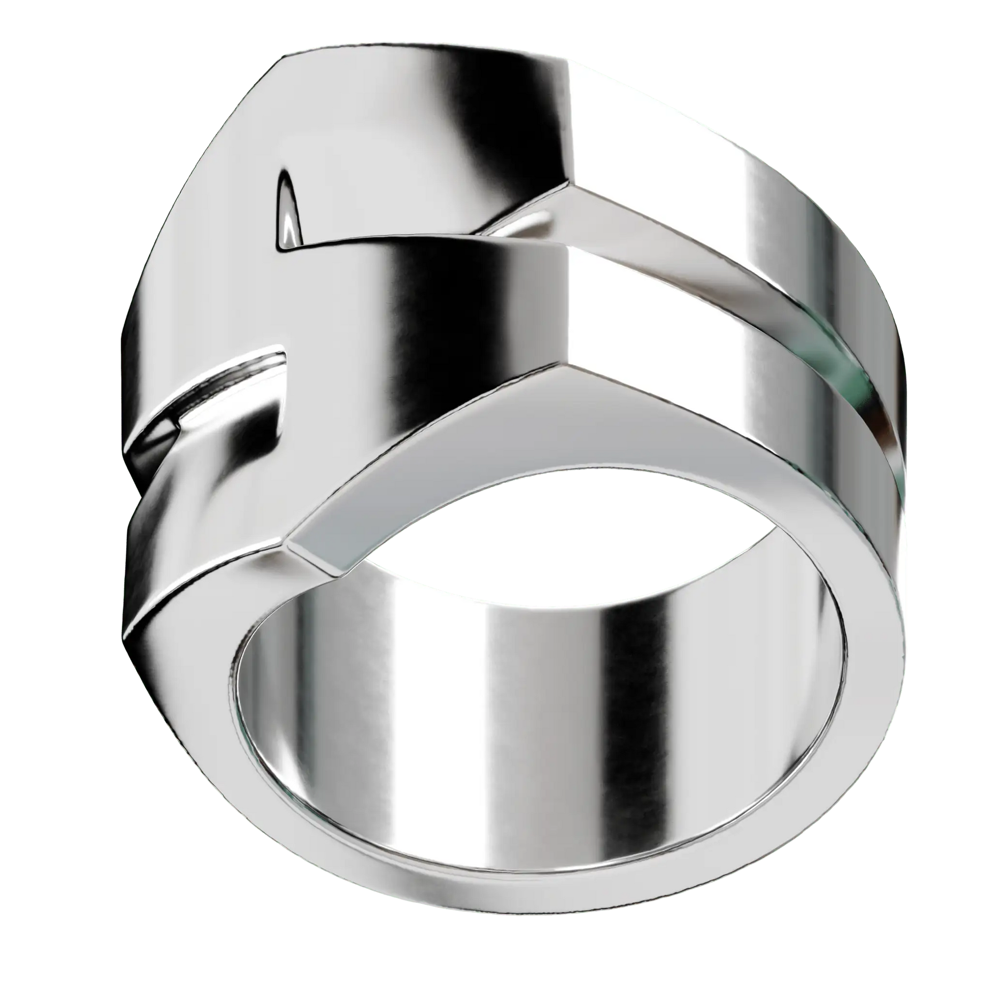 detailansicht eines silberrings mit klaren linien und einer skulpturalen s-form. schlichtes aber selbstsicheres schmuckdesing.