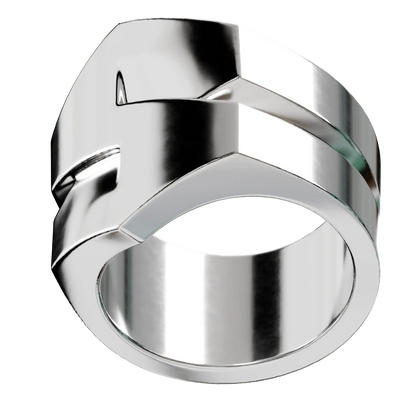 detailansicht eines silberrings mit klaren linien und einer skulpturalen s-form. schlichtes aber selbstsicheres schmuckdesing.