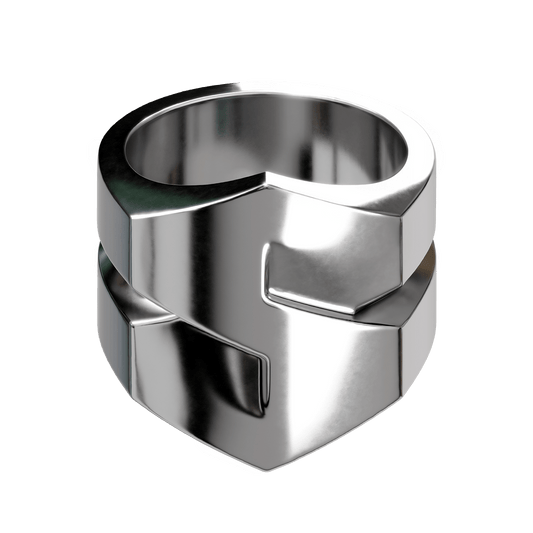 ein auffälliger ring aus recyceltem silber mit einem abstrakten s-förmigen design im modernen y2k-stil. #swag